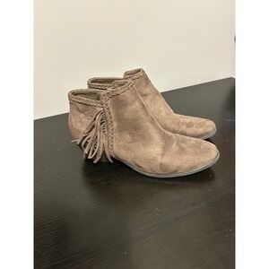 Nicole Brown Suede Fringe Ankle Boots Block Heel Side Zip Women's Size 8M